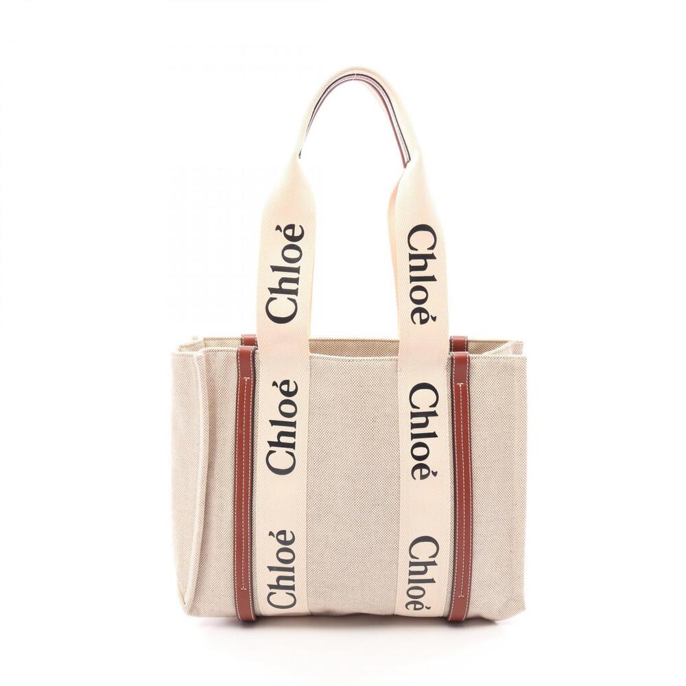 Chloe Woody Tote Bag Canvas Leather Beige Brown